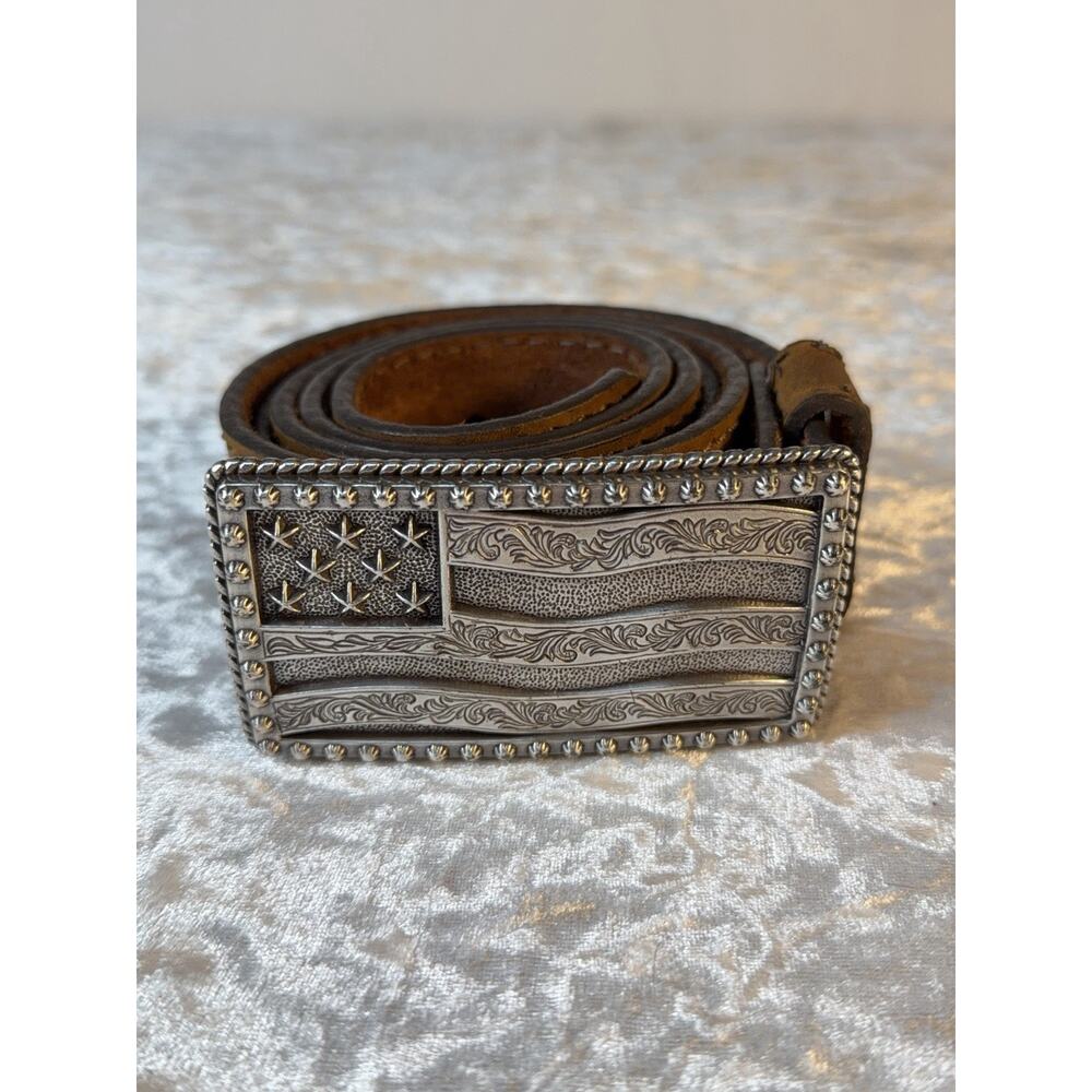 Justin USA Leather‎ Belt American Flag Western Buckle Brown Size 40 Cowboy